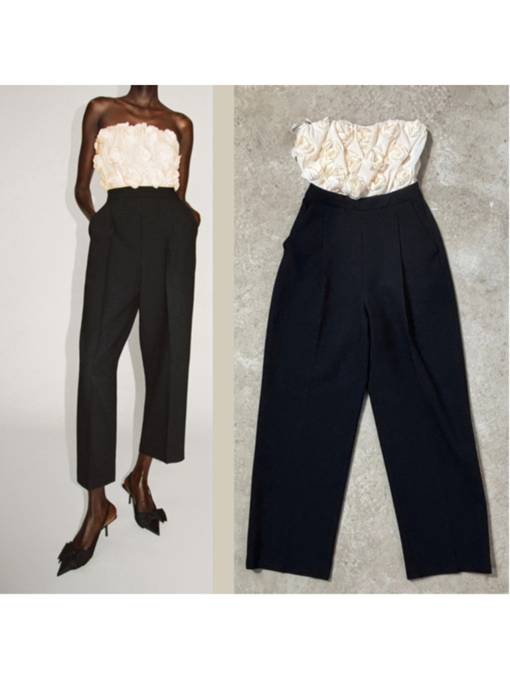 Zara Structured Floral Contrasting Jumpsuit Women's Small Black Cream Cut Out